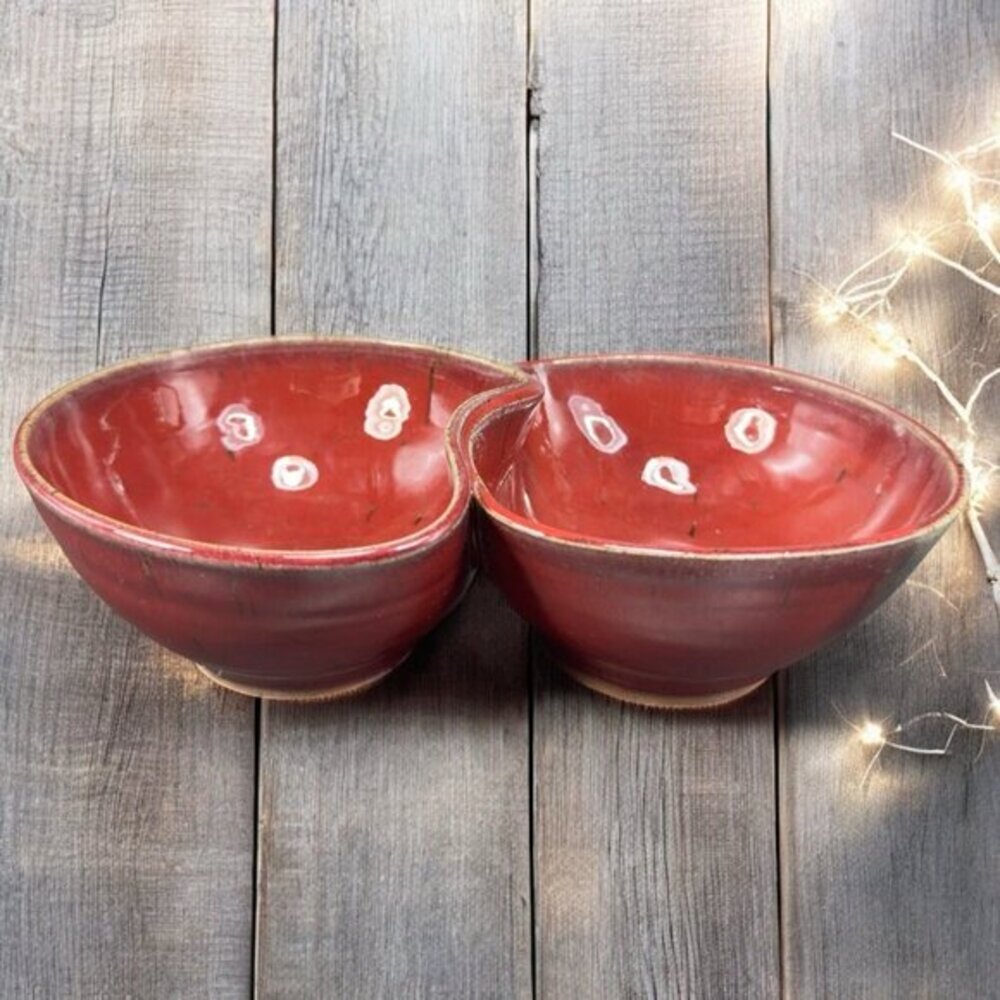 Vintage Hand Made Studio Art Pottery Divided Dish Double‎ Salsa Bowl Chip N Dip